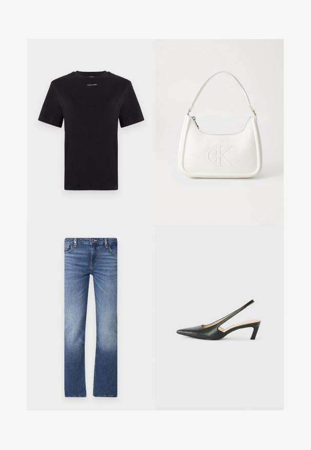 T-shirt in cotone nero con maniche corte, colletto a girocollo e piccolo logo bianco "Calvin Klein" sul petto. Texture liscia, vestibilità classica.; Jeans in denim blu con taglio dritto, caratterizzati da un design sbiadito, cinque tasche e finiture argentate in vita.; Scarpa slingback nera con punta affilata e tacco basso, realizzata in pelle liscia e con un design a taglio laterale per favorire la traspirabilità.; Borsa a tracolla in pelle bianca con forma curva, dotata di un logo "CK" impresso sul davanti e una singola tracolla. Chiusura a zip nella parte superiore.