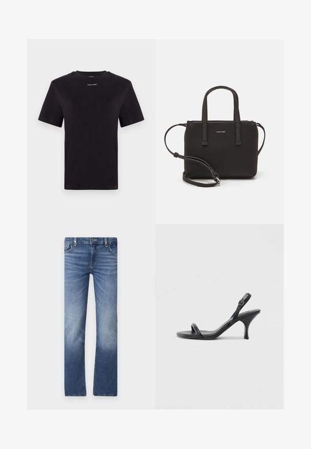 Czarny t-shirt bawełniany z krótkimi rękawami, okrągłym dekoltem i małym białym logo "Calvin Klein" na piersi. Gładka struktura, klasyczny krój.; Niebieskie dżinsy o prostym kroju, z przetarciami, pięcioma kieszeniami i srebrnymi detalami na pasku.; Czarne skórzane sandały na wysokim obcasie z cienkim, zakrzywionym obcasem i skrzyżowanym wzorem pasków. Regulowany pasek na kostkę. Gładka faktura.; Czarna torebka z dwoma krótkimi uchwytami i odpinanym paskiem na ramię. Gładki materiał przypominający skórę, z zamkiem błyskawicznym i detalem z logo.