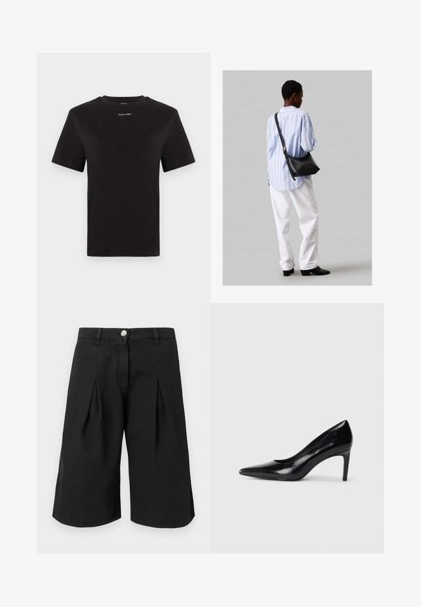 Svart bomull T-skjorte med korte ermer, rund hals og liten hvit "Calvin Klein" logo på brystet. Glatt tekstur, klassisk passform.; Sorte knielange shorts laget av bomullsblandingsstoff. Har folder, frontlukkeknapp og et klassisk livdesign.; Sorte skinnhøye hæler med spiss tå, glatt tekstur og avsmalnet hæl. Minimalistisk design, ingen ekstra dekorasjoner.; Svart lær skulderveske med en myk tekstur, trekantet form og justerbar stropp, kombinert med en lyseblå stripete skjorte og hvite bukser.