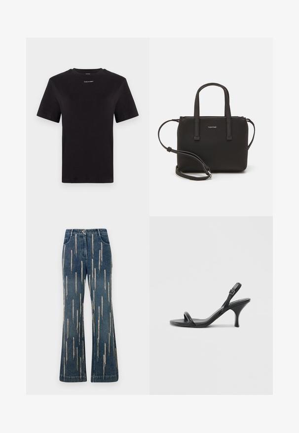 Musta puuvillapaita lyhyillä hihoilla, pyöreä pääntie ja pieni valkoinen "Calvin Klein" -logo rinnassa. Silkkinen pinta, klassinen istuvuus.; Tummansiniset farkut levenevät lahkeilla, joissa on pystysuorat hopeiset koristeet. Varustettu vyölenkeillä, etutaskuilla ja napilla suljettavalla vyötäröllä.; Mustat nahkaiset korkokengät, joissa on hoikka, kaareva korko ja ristiin menevä hihnadesign. Säädettävä nilkkahihna. Silkkinen pinta.; Musta käsilaukku, jossa on kaksinkertaiset lyhyet kahvat ja irrotettava olkahihna. Silkkinen nahkatunneinen materiaali, jossa on vetoketjukiinnitys ja logoyksityiskohta.