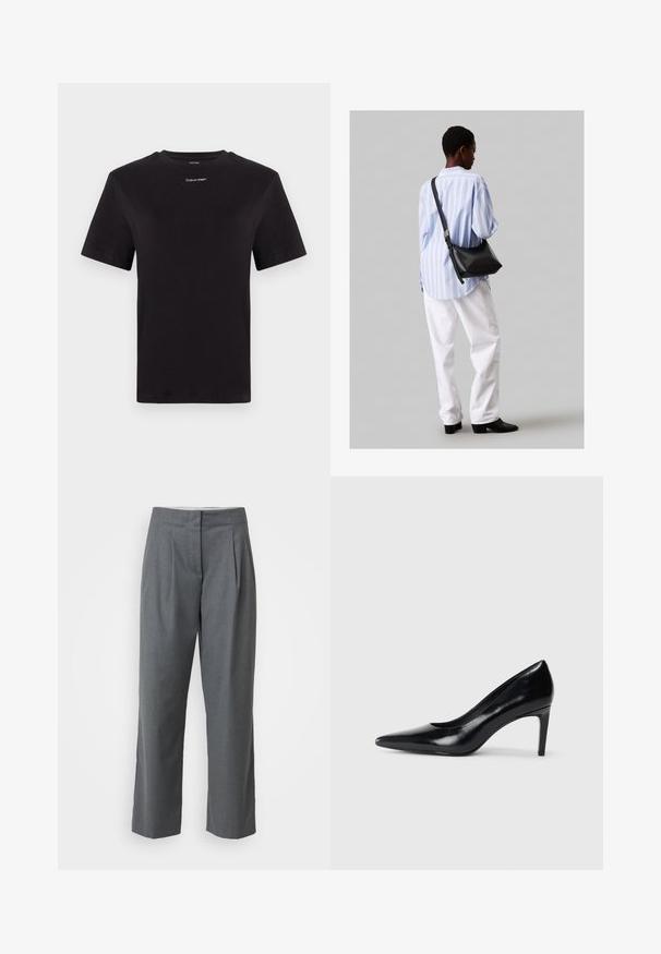 Melna kokvilnas T-kreklu ar īsām piedurknēm, apaļu kakla izgriezumu un nelielu baltu "Calvin Klein" logotipu krūtīs. Gluda tekstūra, klasiskā piegriezuma.; Pelēki piegrieztie bikses ar taisnu kāju kroku, ar gludu tekstūru, priekšējiem krokām un sānu kabatām. Nav redzamu metāla elementu vai akcentu.; Melnas ādas augstpapēžu kurpes ar norādītu purngali, gludu tekstūru un šauru papēdi. Minimālistisks dizains, bez papildu rotājumiem.; Melna ādas plecu soma ar mīkstu tekstūru, trīsstūra formu un regulējamu siksnu, apvienota ar gaiši zilu svītrotu krekli un baltām biksēm.