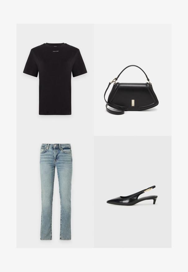 Musta puuvillapaita lyhyillä hihoilla, pyöreä pääntie ja pieni valkoinen "Calvin Klein" -logo rinnassa. Silkkinen pinta, klassinen istuvuus.; Vaaleansiniset farkut, joissa on suora lahje, viisi taskua ja hienovarainen kulutus. Varustettu metallinappikiinnittimellä ja vetoketjulla.; Mustat nahkaiset slingback-korkokengät, joissa on terävä kärki, ohuet korot ja kultasävytteinen yksityiskohta säädettävässä hihnassa. Silkkinen pinta.; Mustalla nahkalaukulla, jossa on jämäkkä muotoilu, lyhyt malli, yläkahva ja kultaiset yksityiskohdat. Säädettävä olkahihna sisältyy.