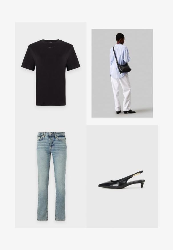 Fekete pamut póló rövid ujjakkal, kerek nyakkivágással és kis fehér "Calvin Klein" logóval a mellkasnál. Simás textúra, klasszikus fazon.; Világoskék farmernadrág, egyenes lábbal, öt-zsebes stílusban, finom kopással. Fém gombos és cipzáras záródással rendelkezik.; Fekete bőr slingback magassarkúk, hegyes orral, vékony sarkakkal és arany színű részlettel a állítható pánton. Simа felület.; Fekete bőr válltáska puha tapintással, háromszög alakú, állítható pánttal, világoskék csíkos inggel és fehér nadrággal párosítva.