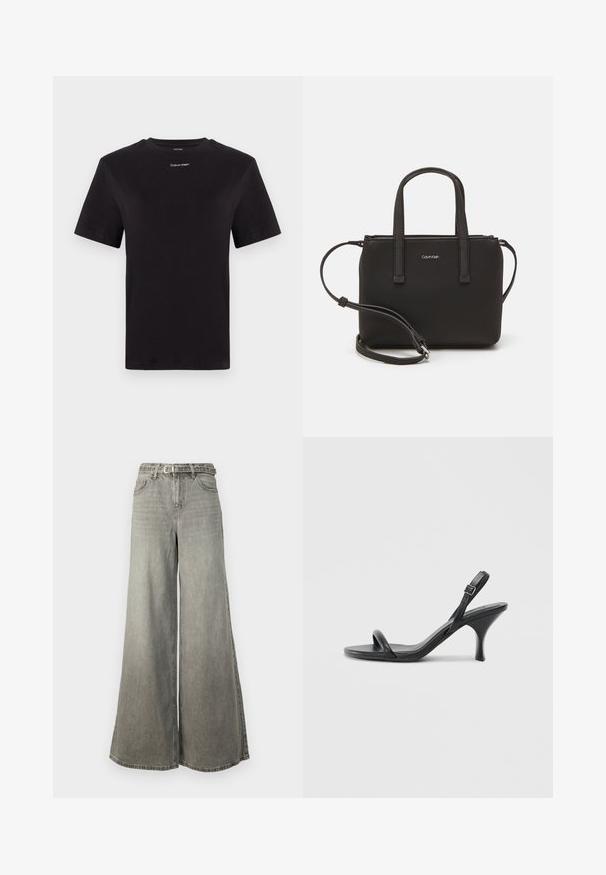 Čierne bavlnené tričko s krátkymi rukávmi, klasickým výstrihom a malým bielym logom "Calvin Klein" na hrudi. Hladká textúra, klasický strih.; Vero Moda Tall VMANNET WIDE BELT - Široké nohavice - medium grey denim; Čierne kožené sandále na vysokom podpätku s štíhlym, zakriveným podpätkom a prekríženým pásikovým dizajnom. Nastaviteľný pásik okolo členka. Hladká textúra.; Čierna kabelka s dvojitými krátkymi rúčkami a odnímateľným ramenným popruhom. Hladký materiál podobný koži s uzatváraním na zips a detailom loga.