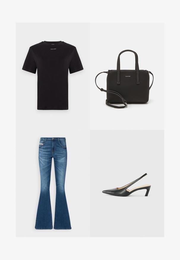 T-shirt in cotone nero con maniche corte, colletto a girocollo e piccolo logo bianco "Calvin Klein" sul petto. Texture liscia, vestibilità classica.; Jeans a zampa d'elefante in denim blu medio, con vita alta, design a cinque tasche e delicate sfumature nelle zone delle cosce.; Scarpa slingback nera con punta affilata e tacco basso, realizzata in pelle liscia e con un design a taglio laterale per favorire la traspirabilità.; Borsa nera con doppi manici corti e tracolla removibile. Materiale simile alla pelle liscia con chiusura a zip e dettaglio del logo.