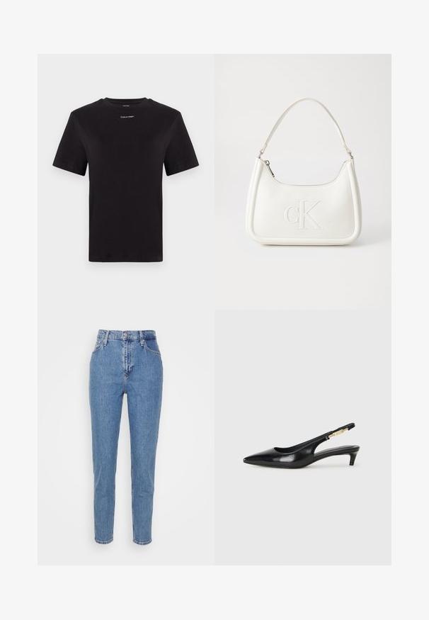 Melna kokvilnas T-kreklu ar īsām piedurknēm, apaļu kakla izgriezumu un nelielu baltu "Calvin Klein" logotipu krūtīs. Gluda tekstūra, klasiskā piegriezuma.; Zilas augstas jostas vidukļa taisnas kājas džinsi ar priekšējo pogu un rāvējslēdzēju, jostas cilpām un kabatām, attēloti uz vienkārša baltā fona.; Melnas ādas slingback zābaki ar smailu purngalu, ar šauru papēdi un zelta krāsas akcentu uz regulējama siksniņas. Gluda tekstūra.; Balta ādas rokassoma ar noapaļotu formu, uz kuras priekšpuses ir izgriezts "CK" logo un viena plecu siksna. Augšā aizverama ar rāvējslēdzēju.