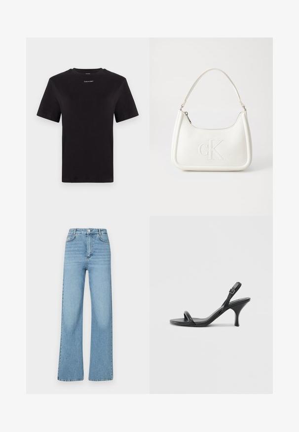 Must musta t-särk lühikeste käistega, ümberringi kaelusega ja väikese valge "Calvin Klein" logo'ga rinnal. Sile tekstuur, klassikaline lõige.; Heledad sinine laia säärega teksapüksid, mis on valmistatud denimist. Omab viit taskut, ees klõpsuga sulgemist ning puhas, kaunistusteta disain.; Mustad nahast kõrgete kontsadega sandaalid, millel on saledad, kõverad kontsad ja ristatud rihma disain. Reguleeritav pahkluu rihm. Sile tekstuur.; Valge nahast käekott, millel on kumer kuju, esiküljel on reljeefne "CK" logo ja üks õlavarre rihm. Ülemine tõmblukkuu.