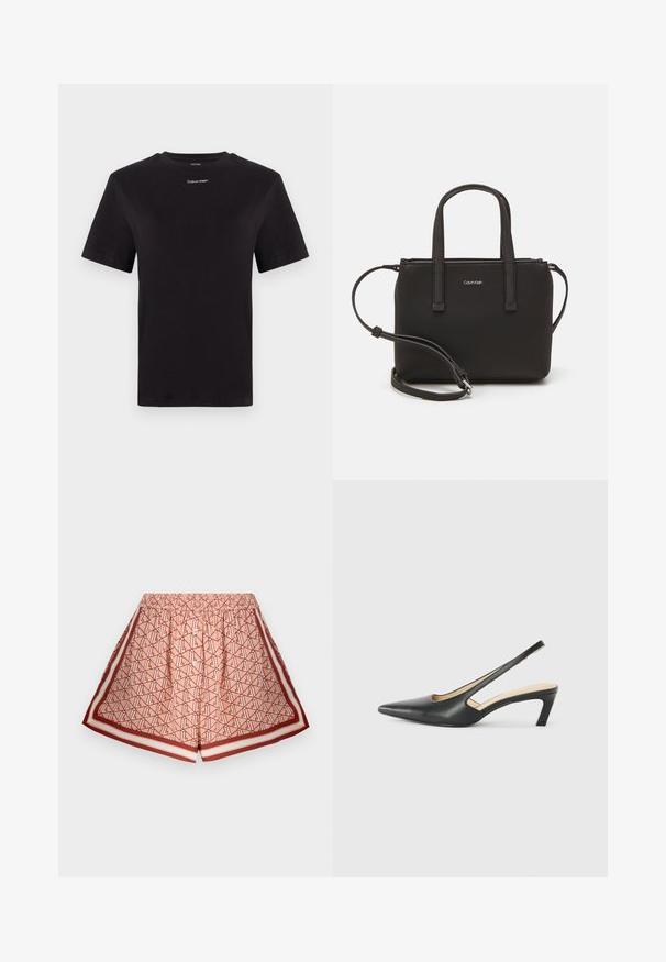 Čierne bavlnené tričko s krátkymi rukávmi, klasickým výstrihom a malým bielym logom "Calvin Klein" na hrudi. Hladká textúra, klasický strih.; Tlačené šortky v svetločervenej farbe s geometrickým vzorom. Obsahujú elastický pás a kontrastné červené okraje. Jemná textúra látky.; Čierne slingback topánky s ostrou špičkou a nízkym opätkom, vyrobené z hladkej kože a s výrezmi na boku pre lepšiu priedušnosť.; Čierna kabelka s dvojitými krátkymi rúčkami a odnímateľným ramenným popruhom. Hladký materiál podobný koži s uzatváraním na zips a detailom loga.