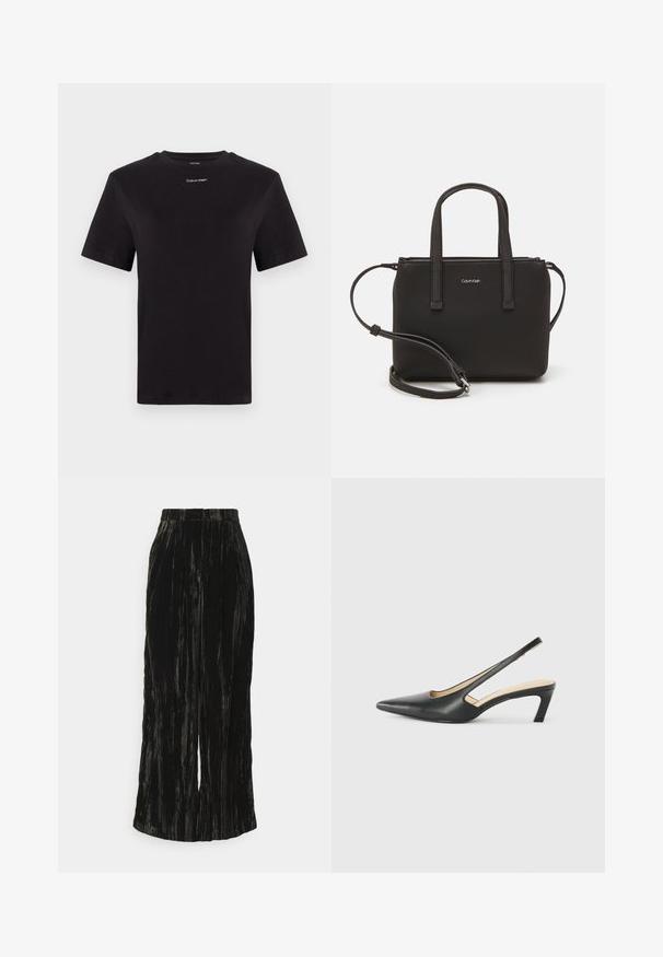 Czarny t-shirt bawełniany z krótkimi rękawami, okrągłym dekoltem i małym białym logo "Calvin Klein" na piersi. Gładka struktura, klasyczny krój.; Czarne szerokie spodnie z plisami wykonane z teksturowanej tkaniny, z pionowymi paskami i elastycznym pasem bez widocznych elementów mocujących.; Czarny but na obcasie typu slingback z ostro zakończonym noskiem, z niskim obcasem, wykonany z gładkiej skóry, z wycięciem po boku dla lepszej wentylacji.; Czarna torebka z dwoma krótkimi uchwytami i odpinanym paskiem na ramię. Gładki materiał przypominający skórę, z zamkiem błyskawicznym i detalem z logo.