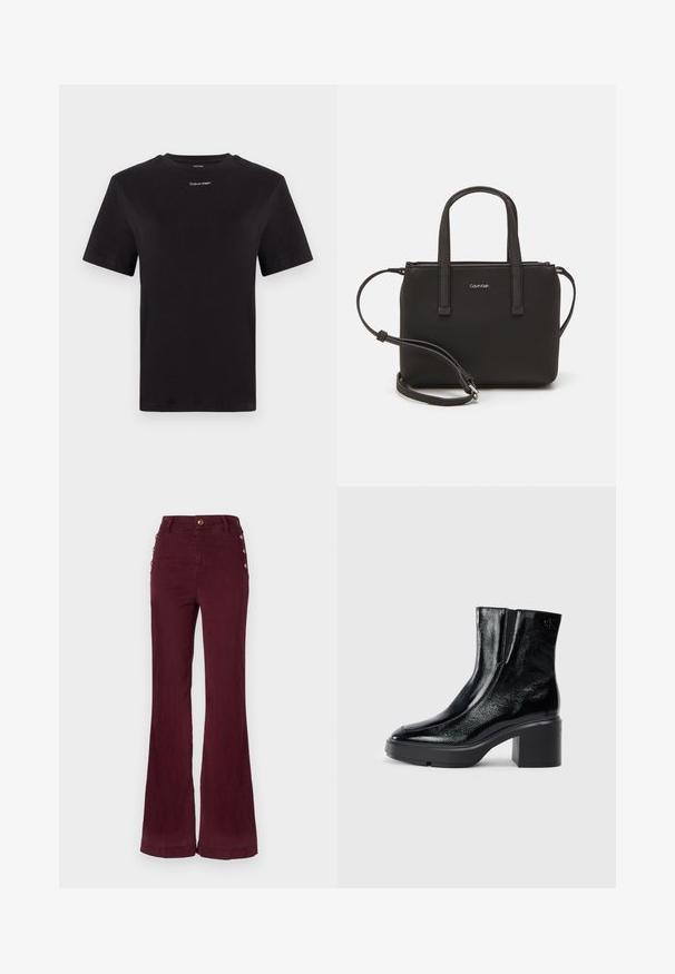 Camiseta de algodón negra con mangas cortas, cuello redondo y pequeño logo blanco de "Calvin Klein" en el pecho. Textura suave, corte clásico.; Pantalones de tiro alto y pernera acampanada en algodón burdeos, con botones dorados en el costado, con una textura suave y costuras precisas.; Botas de tobillo de charol negro con puntera curva, paneles laterales elásticos y un tacón ancho. Presentan un logo embosado en la parte posterior.; Bolso de mano negro con dos asas cortas y una correa de hombro removible. Material suave tipo cuero con cierre de cremallera y detalle del logo.