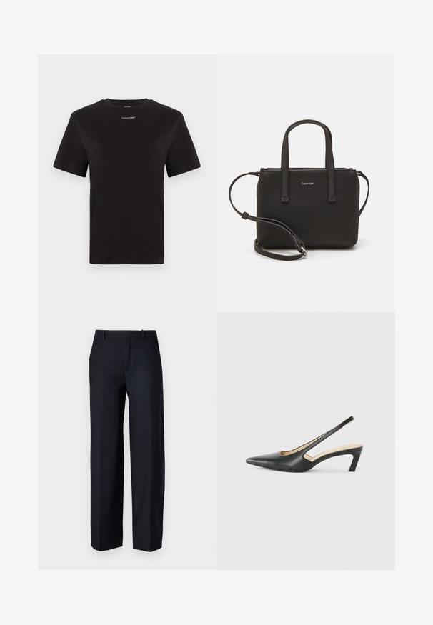 Zwarte katoenen t-shirt met korte mouwen, ronde hals en klein wit "Calvin Klein" logo op de borst. Gladde textuur, klassieke pasvorm.; DRYKORN DESK - Broek - blue; Zwarte puntige slingback schoen met een lage hak, gemaakt van soepel leer en voorzien van een uitsnede aan de zijkant voor ventilatie.; Zwarte handtas met dubbele korte handvatten en een afneembare schouderriem. Glad, leerachtig materiaal met een ritssluiting en logo-detail.