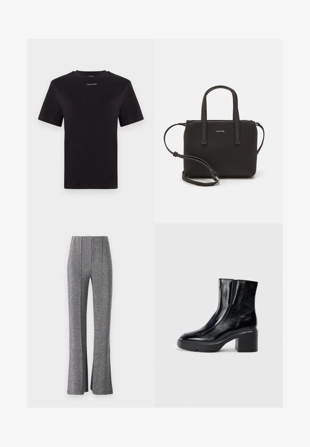 Juodas medvilninis marškinėliai trumpomis rankovėmis, apykaklė, su mažu baltu "Calvin Klein" logotipu krūtinėje. Lygus paviršius, klasikinis siluetas.; Suknelės kelnės iš tekstūruotos metalizuotos pilkos medžiagos. Yra aukštas liemuo ir priekiniai raukiniai, suteikiantys pritaikytą siluetą.; Juodi lakiniai auliniai batai iki kulkšnies, su išlenktu pirštu, elastinėmis šoninėmis panelėmis ir masyviu blokuotu kulnu. Apdailoje užpakalinėje dalyje įspaustas logotipas.; Juoda rankinė su dviem trumpais rankenėlėmis ir nuimamu petį. Lygaus odos tipo medžiaga su užtrauktuku ir logotipo detale.