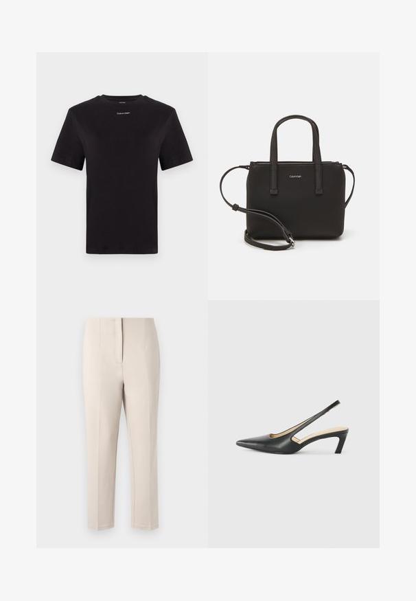 Sort bomulds t-shirt med korte ærmer, rund halsudskæring og lille hvid "Calvin Klein" logo på brystet. Glat tekstur, klassisk pasform.; Beige bukser med en skræddersyet pasform, lige ben og ren forkant. Fremstillet af glat stof med en subtil glans, ingen synlige metaldele.; Sorte spidse slingback-sko med en lav hæl, lavet af glat læder og med udskæringer på siden for åndbarhed.; Sort håndtaske med to korte håndtag og en aftagelig skulderrem. Glat læderagtigt materiale med lynlåslukning og logo detaljer.