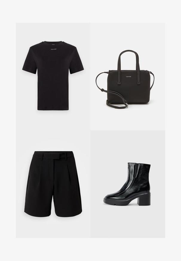 Črna bombažna majica s kratkimi rokavi, okroglim izrezom in majhnim belim logotipom "Calvin Klein" na prsih. Gladka tekstura, klasičen kroj.; Črne krojene hlače, izdelane iz gladkega materiala, z visokim pasom, pregibi, zankami za pas in stranskimi žepi ter čistim krojem.; Črne lakirane gležnjarje z ukrivljenim nosom, elastičnimi stranskimi paneli in debelim blokastim peto. Imajo vtisnjen logotip na zadnjem delu.; Črna torbica z dvema kratkima ročajema in odstranljivim naramnim trakom. Gladek usnju podoben material z zadrgo in podrobnostmi z logotipom.