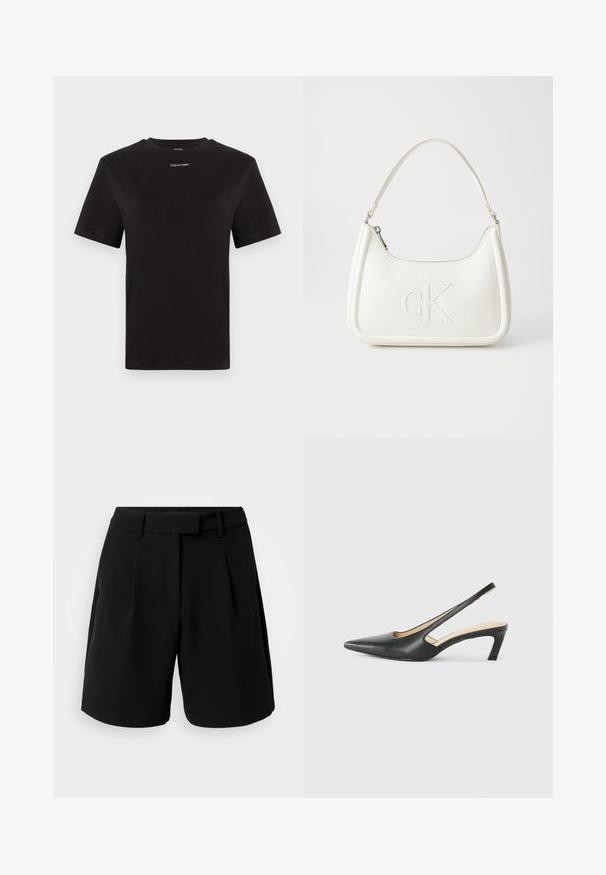 Svart bomull T-skjorte med korte ermer, rund hals og liten hvit "Calvin Klein" logo på brystet. Glatt tekstur, klassisk passform.; Svarte skreddersydde shorts laget av glatt stoff, med høy midje, legg, beltehempler og sidelommer, med et rent design.; Svart spiss tå slingback-sko med lav hæl, laget av jevnt skinnmateriale og med utskåret design på siden for pusteevne.; Hvit lærveske med en buet fasong, med et preget "CK"-logo på forsiden og en enkel skulderstropp. Glidelåslukking på toppen.