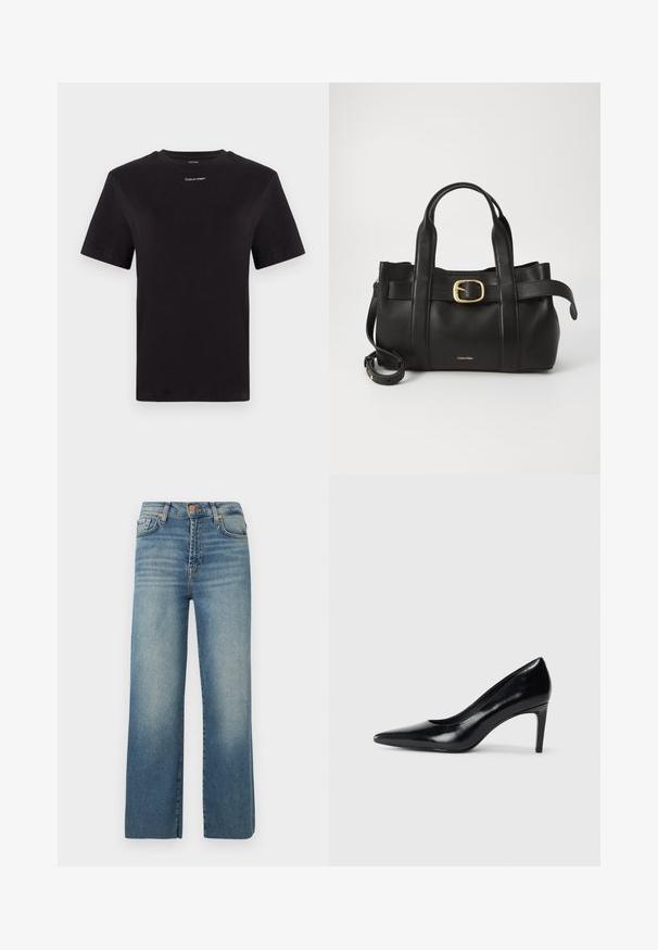 Musta puuvillapaita lyhyillä hihoilla, pyöreä pääntie ja pieni valkoinen "Calvin Klein" -logo rinnassa. Silkkinen pinta, klassinen istuvuus.; Lyhyet siniset farkut, jotka on valmistettu denimistä ja joissa on haalistunut pesu, viisi taskua, napitus ja vyölenkit. Ne ovat suorat ja rento malli.; Mustat nahkakengät korkealla korolla, terävä kärki, sileä pinta ja kapeneva korko. Minimalistinen muotoilu, ei ylimääräisiä koristeita.; Musta nahkakäsilaukku, jossa on struktuurinen muotoilu, kaksoiskahvat, kultasävyinen solkiaksentti ja kohokuvioitu brändilogo edessä.