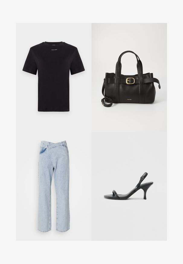 Zwarte katoenen t-shirt met korte mouwen, ronde hals en klein wit "Calvin Klein" logo op de borst. Gladde textuur, klassieke pasvorm.; Lichtblauwe denim jeans met een relaxed fit, brede pijpen, zichtbare stiksels en riemlussen. Bevat twee zijzakken.; Zwarte leren sandalen met hoge hakken, een slanke, gebogen hak en een gekruist bandontwerp. Verstelbare enkelband. Soepele textuur.; Zwarte leren handtas met een gestructureerd ontwerp, dubbele handgrepen aan de bovenkant, een gouden gespaccent en een geperst merklogo aan de voorkant.