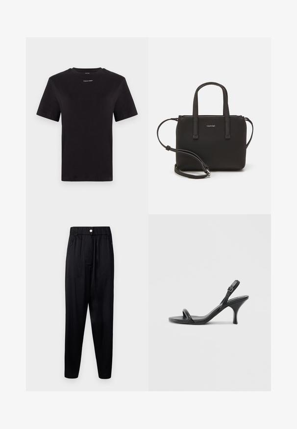 Svart bomulls t-shirt med korta ärmar, rund halsringning och liten vit "Calvin Klein" logotyp vid bröstet. Slät textur, klassisk passform.; Svarta byxor i mjukt, lätt material. Har resårmidja, sidfickor och smalnande ben för en avslappnad passform.; Svarta läder högklackade sandaler med en smal, böjd klack och ett korsat remdesign. Justerbar ankelrem. Slät textur.; Svart handväska med dubbla korta handtag och ett avtagbart axelband. Slät läderliknande material med dragkedjestängning och logodetalj.