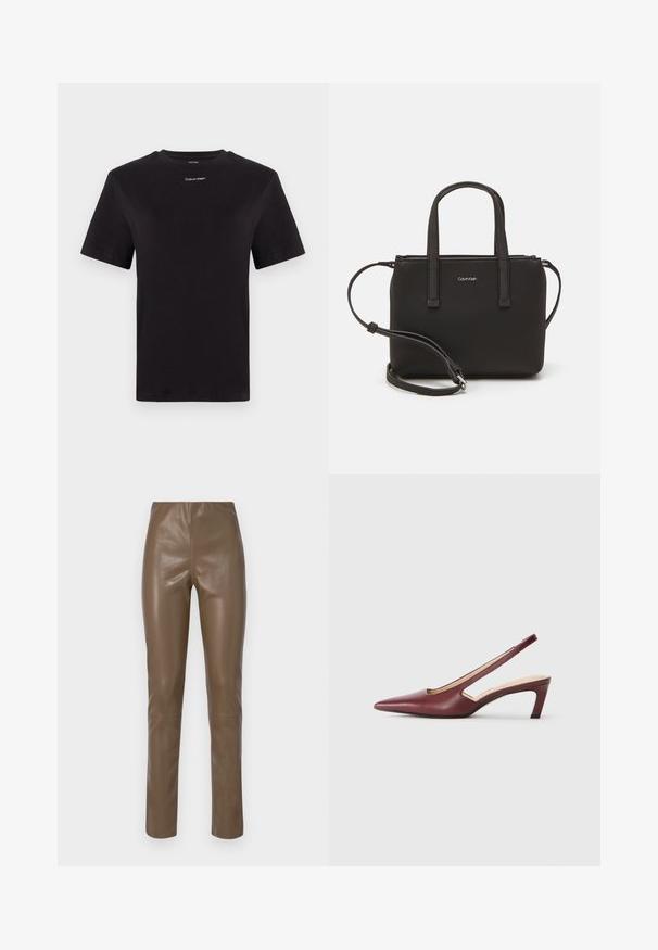 Schwarzes Baumwoll-T-Shirt mit kurzen Ärmeln, Rundhalsausschnitt und kleinem weißen "Calvin Klein"-Logo auf der Brust. Glatte Textur, klassischer Schnitt.; Braune Kunstlederhosen mit einer glatten, glänzenden Textur. Merkmale sind eine hohe Taille und gerade Beine, mit minimalen Nähdetails.; Burgunderfarbene Slingback-High Heels mit spitzer Zehenform, Ausschnitten an den Seiten und einem Blockabsatz in mittlerer Höhe. Glatte Lederoberfläche.; Schwarze Handtasche mit zwei kurzen, doppelt geflochtenen Griffen und einem abnehmbaren Schulterriemen. Glattes, lederähnliches Material mit einem Reißverschluss und Logodetail.