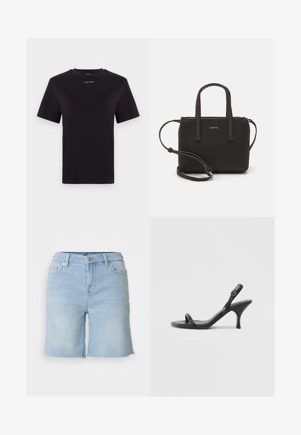 Černé bavlněné tričko s krátkými rukávy, kulatým výstřihem a malým bílým logem "Calvin Klein" na hrudi. Hladká textura, klasický střih.; Světle modré džíny šortky se střihem rovného nohavice, zapínáním na knoflík a roztrhaným lemem. Mají přední kapsy a klasický střih.; Černé kožené sandály na vysokém podpatku s úzkým, zakřiveným podpatkem a designem s překříženými popruhy. Nastavitelný pásek kolem kotníku. Hladký povrch.; Černá kabelka s dvojitými krátkými uchy a odnímatelným ramenním popruhem. Hladký koženkový materiál s uzávěrem na zip a detailem loga.