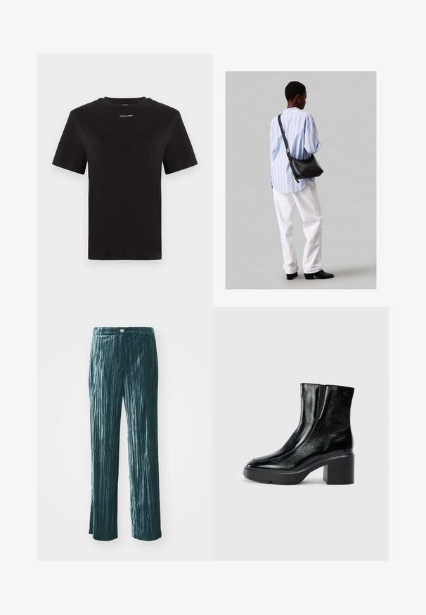 Tricou negru din bumbac, cu mâneci scurte, gât rotund și un mic logo alb "Calvin Klein" pe piept. Textură netedă, croială clasică.; Pantaloni plisati de culoare teal, cu un design cu picioare largi, confecționați dintr-un material lucios, având dungi verticale pentru textură și o talie cu un mic accent metalic.; Bocanci de gleznă din piele lacuită neagră, cu vârf curbat, panouri elastice pe laterale și toc bloc masiv. Prezintă un logo embosat pe spate.; Geantă de umăr din piele neagră cu o textură moale, formă triunghiulară și curea ajustabilă, asortată cu o bluză cu dungi albastre deschise și pantaloni albi.