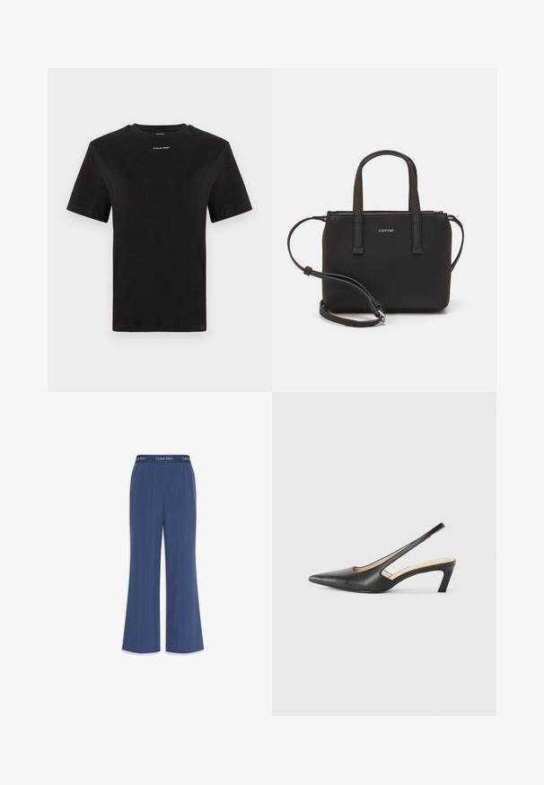 Černé bavlněné tričko s krátkými rukávy, kulatým výstřihem a malým bílým logem "Calvin Klein" na hrudi. Hladká textura, klasický střih.; Námořnické široké kalhoty vyrobené z měkké tkaniny s hladkým povrchem. Obsahují elastický pás s logem "Calvin Klein" na horní části.; Černý špičatý slingback s nízkým podpatkem, vyrobený z hladké kůže, s výřezem na boku pro lepší prodyšnost.; Černá kabelka s dvojitými krátkými uchy a odnímatelným ramenním popruhem. Hladký koženkový materiál s uzávěrem na zip a detailem loga.