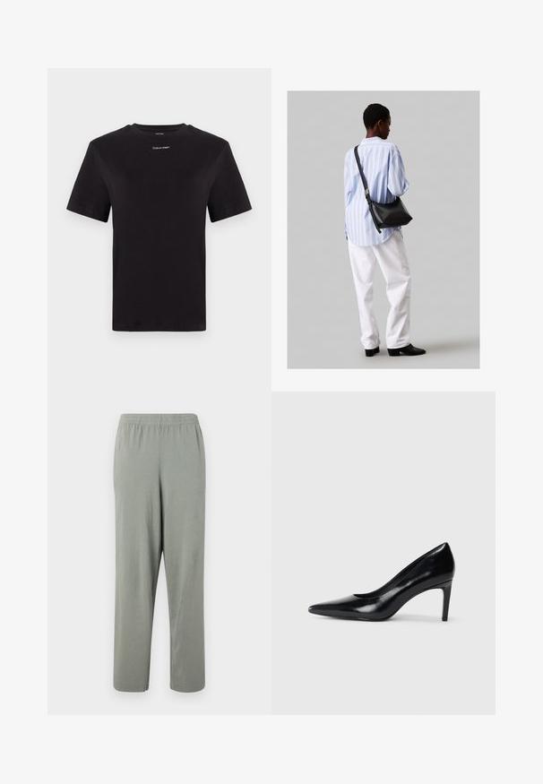 Μαύρη βαμβακερή μπλούζα με κοντά μανίκια, στρογγυλή λαιμόκοψη και λευκό μικρό λογότυπο "Calvin Klein" στο στήθος. Λείο ύφασμα, κλασική γραμμή.; Ανοιχτό γκρι παντελόνια με ελαστική μέση και ίσια πόδια, φτιαγμένα από μαλακό υλικό, με απαλή υφή και χωρίς ορατά σχέδια ή διακόσμηση.; Μαύρο δερμάτινο ψηλοτάκουνο παπούτσι με μυτερή μύτη, λεία υφή και κοφτό τακούνι. Μινιμαλιστικός σχεδιασμός, χωρίς επιπρόσθετες διακοσμήσεις.; Μαύρη δερμάτινη τσάντα ώμου με απαλή υφή, τριγωνικό σχήμα και ρυθμιζόμενο λουρί, συνδυασμένη με ένα ανοιχτό μπλε ριγέ πουκάμισο και λευκό παντελόνι.