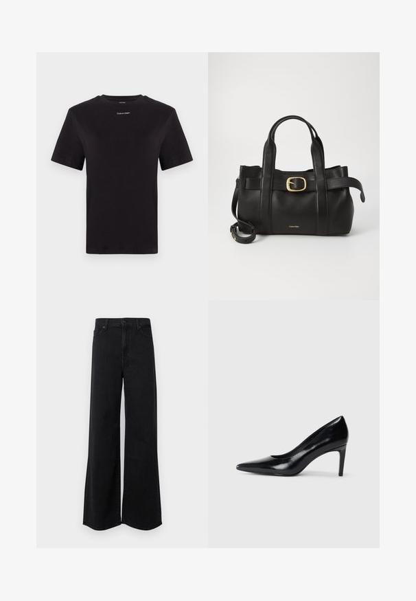 Fekete pamut póló rövid ujjakkal, kerek nyakkivágással és kis fehér "Calvin Klein" logóval a mellkasnál. Simás textúra, klasszikus fazon.; Széles szárú fekete farmernadrág magas derekú szabással, gombos zipzárral, elülső zsebekkel és letisztult szegésekkel.; Fekete bőr magassarkú cipő, hegyes orral, sima textúrával és kúpos sarkal. Minimalista dizájn, nincsenek további díszítések.; Fekete bőr kézitáska, amely strukturált kialakítással rendelkezik, dupla felső fogantyúval, arany tónusú csattal és a márka dombornyomott logójával az elején.