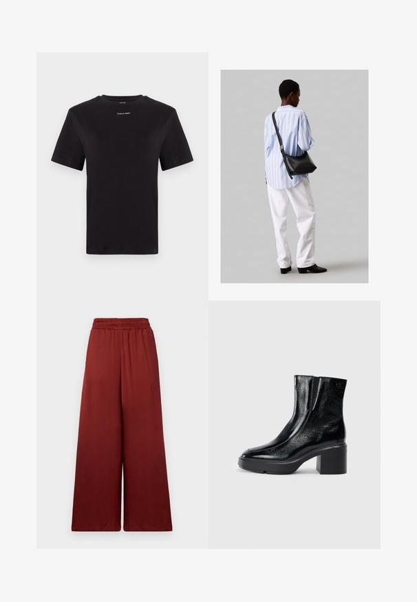 Czarny t-shirt bawełniany z krótkimi rękawami, okrągłym dekoltem i małym białym logo "Calvin Klein" na piersi. Gładka struktura, klasyczny krój.; Szerokie spodnie wykonane z gładkiego materiału w głębokim burgundowym kolorze, z elastyczną talią dla komfortu i swobodnego układu.; Czarne lakierowane botki za kostkę z zaokrąglonym noskiem, elastycznymi panelami bocznymi i masywnym obcasem blokowym. Posiadają wytłoczone logo z tyłu.; Czarna skórzana torba na ramię o miękkiej fakturze, w kształcie trójkąta, z regulowanym paskiem, połączona z jasnoniebieską koszulą w paski i białymi spodniami.