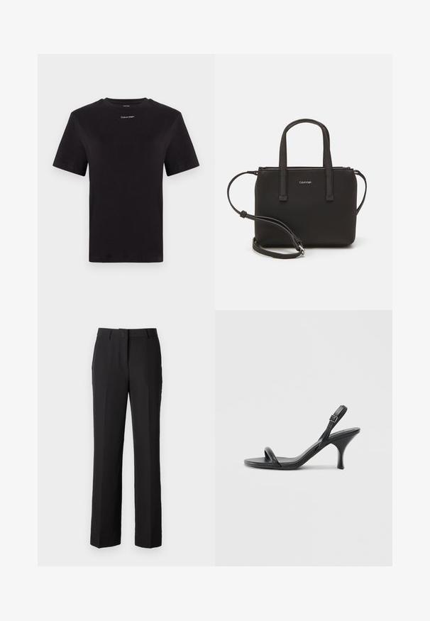 Črna bombažna majica s kratkimi rokavi, okroglim izrezom in majhnim belim logotipom "Calvin Klein" na prsih. Gladka tekstura, klasičen kroj.; Črne hlače s prilagojenim krojem, ki imajo ravno sprednjo stran, dve stranski žepi in gladko, mat teksturo blaga. Klasična zasnova, brez vzorcev.; Črne usnjene visoke sandale s tankim, ukrivljenim petam in obliko križanih trakov. Nastavljiv trak okoli gležnja. Gladka tekstura.; Črna torbica z dvema kratkima ročajema in odstranljivim naramnim trakom. Gladek usnju podoben material z zadrgo in podrobnostmi z logotipom.