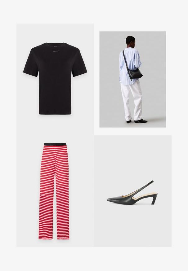 Melna kokvilnas T-kreklu ar īsām piedurknēm, apaļu kakla izgriezumu un nelielu baltu "Calvin Klein" logotipu krūtīs. Gluda tekstūra, klasiskā piegriezuma.; Sarkani un balti svītroti platajām biksēm ar melnu elastīgu jostasvīru, kas izgatavotas no mīksta auduma, ar vienādām horizontālām svītrām.; Melna, ar smailu purngalu, slingback kurpe ar zemu papēdi, izgatavota no gludas ādas materiāla un ar izgriezumiem sānos gaisa caurlaidībai.; Melna ādas plecu soma ar mīkstu tekstūru, trīsstūra formu un regulējamu siksnu, apvienota ar gaiši zilu svītrotu krekli un baltām biksēm.