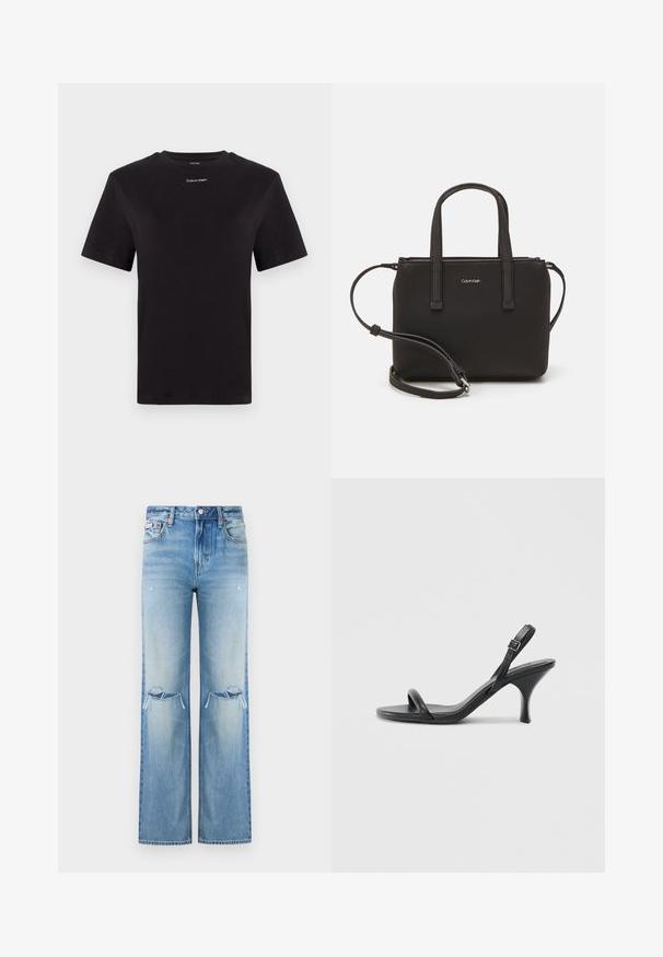 Camiseta de algodón negra con mangas cortas, cuello redondo y pequeño logo blanco de "Calvin Klein" en el pecho. Textura suave, corte clásico.; Jeans de mezclilla azul claro con una cintura alta, corte ancho, detalles desgastados en las rodillas y un ligero desvanecimiento en toda la tela.; Sandalias de tacón alto de cuero negro con un tacón delgado y curvado y un diseño de tiras cruzadas. Correa para el tobillo ajustable. Textura suave.; Bolso de mano negro con dos asas cortas y una correa de hombro removible. Material suave tipo cuero con cierre de cremallera y detalle del logo.