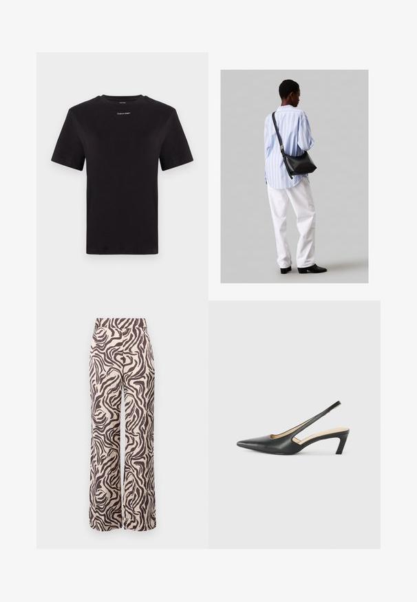 Černé bavlněné tričko s krátkými rukávy, kulatým výstřihem a malým bílým logem "Calvin Klein" na hrudi. Hladká textura, klasický střih.; Široké kalhoty vyrobené z lehkého materiálu, s béžovým pozadím a hnědými zebřími pruhy, a s plochým páskem.; Černý špičatý slingback s nízkým podpatkem, vyrobený z hladké kůže, s výřezem na boku pro lepší prodyšnost.; Černá kožená kabelka přes rameno s jemnou texturou, trojúhelníkovým tvarem a nastavitelným popruhem, v kombinaci se světle modrou pruhovanou košilí a bílými kalhotami.