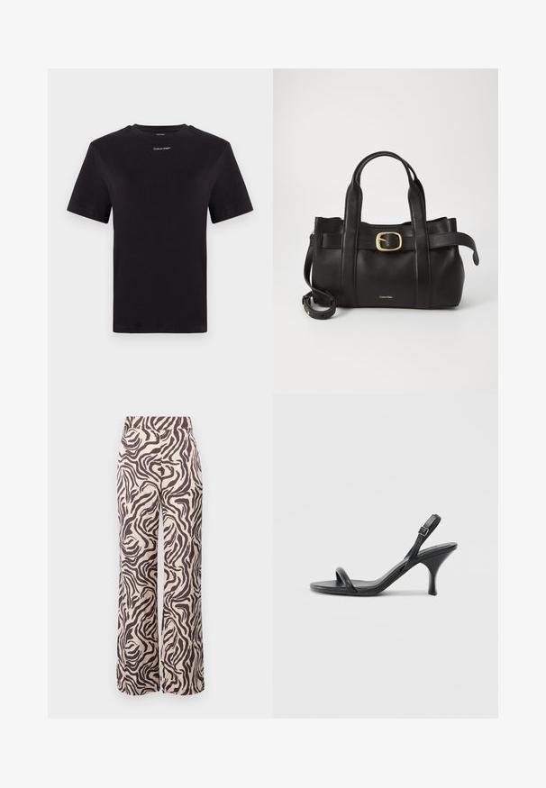 Schwarzes Baumwoll-T-Shirt mit kurzen Ärmeln, Rundhalsausschnitt und kleinem weißen "Calvin Klein"-Logo auf der Brust. Glatte Textur, klassischer Schnitt.; Hose mit weitem Bein aus leichtem Stoff, mit beigem Hintergrund und braunen Zebramustern sowie einem flachen Bund.; Schwarze Leder-Sandalen mit hohen Absätzen, schlankem, gebogenem Absatz und gekreuztem Riemendesign. Verstellbarer Knöchelriemen. Glatte Textur.; Schwarze Lederhandtasche mit strukturiertem Design, doppelten oberen Griffen, goldfarbenem Schnallenakzent und geprägtem Markenlogo auf der Vorderseite.