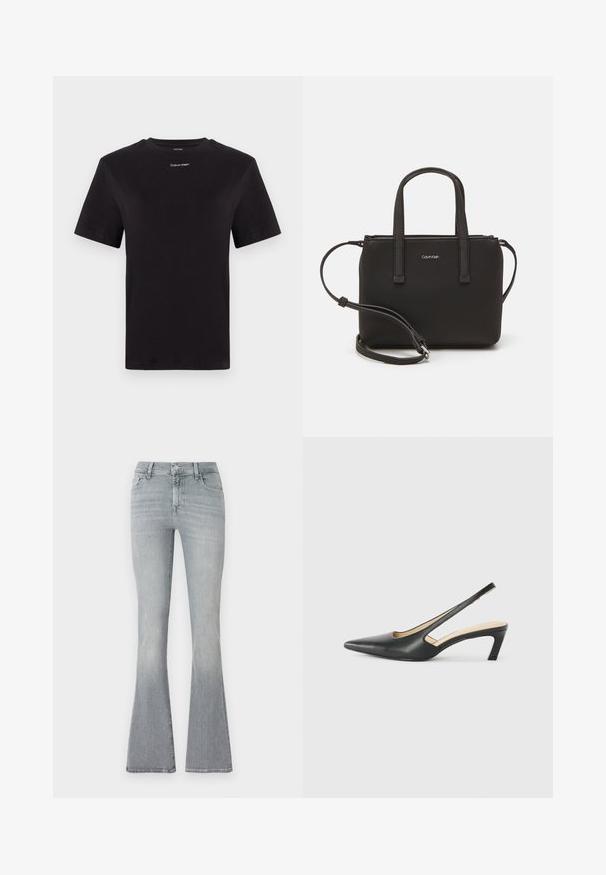 Black cotton t-shirt with short sleeves, crew neck, and small white "Calvin Klein" logo at the chest. Smooth texture, classic fit.; Flared jeans in light grey denim. High-waisted, with a subtle fade from top to hem. Classic five-pocket design and metal button closure.; Black pointy-toed slingback shoe with a low heel, featuring smooth leather material and cut-out design on the side for breathability.; Black handbag with dual short handles and a removable shoulder strap. Smooth leather-like material with a zip closure and logo detail.