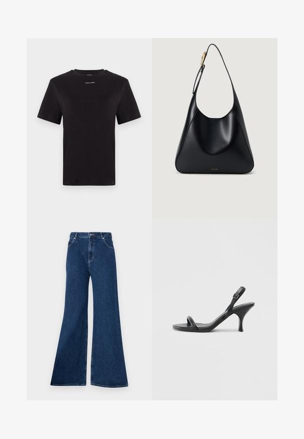 T-shirt preta de algodão com mangas curtas, decote redondo e pequeno logótipo branco "Calvin Klein" no peito. Textura suave, ajuste clássico.; Jeans azul de boca de sino, feitos de denim, com uma cintura alta, design de cinco bolsos, costura em contraste e fecho com zíper e botão.; Sandálias de salto alto em couro preto com um salto curvado e fino e um design de tiras cruzadas. Correia ajustável no tornozelo. Textura suave.; Bolsa de ombro em couro preto com uma textura suave, silhueta curvada e um detalhe em metal dourado. Apresenta logótipo da marca em relevo na base.