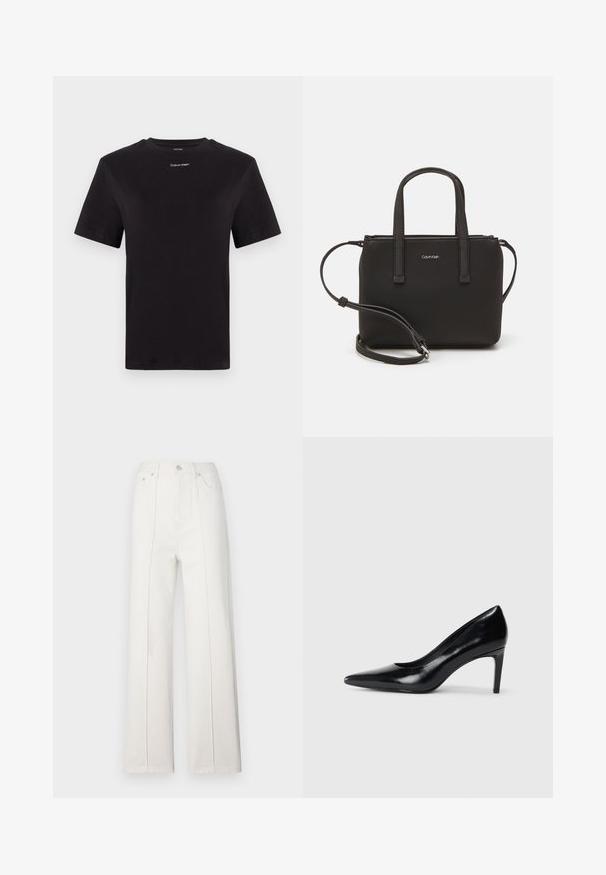 Black cotton t-shirt with short sleeves, crew neck, and small white "Calvin Klein" logo at the chest. Smooth texture, classic fit.; White denim wide-leg pants with a high waist, featuring vertical stitching and a front button closure. Smooth texture with a clean design.; Black leather high heel shoe with a pointed toe, smooth texture, and a tapered heel. Minimalist design, no additional embellishments.; Black handbag with dual short handles and a removable shoulder strap. Smooth leather-like material with a zip closure and logo detail.