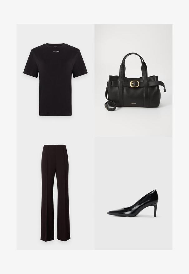 T-shirt noir en coton à manches courtes, col rond, avec un petit logo blanc "Calvin Klein" sur la poitrine. Texture lisse, coupe classique.; Pantalon noir taille haute avec un design à jambes évasées, présentant des coutures verticales et des fentes à l'ourlet pour plus de détails. Le tissu semble lisse.; Chaussure à talon haut en cuir noir avec un bout pointu, texture lisse et un talon effilé. Design minimaliste, sans embellissements supplémentaires.; Sac à main en cuir noir présentant un design structuré, deux poignées supérieures, un accent de boucle en ton doré et un logo de la marque en relief à l'avant.