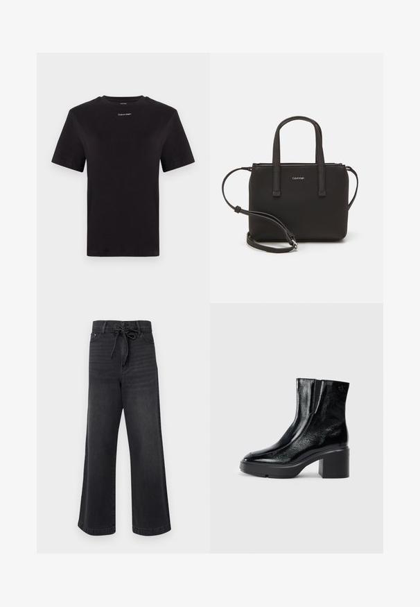 Čierne bavlnené tričko s krátkymi rukávmi, klasickým výstrihom a malým bielym logom "Calvin Klein" na hrudi. Hladká textúra, klasický strih.; DAY Birger et Mikkelsen ELIJAH - Široké nohavice - black; Čierne lakované členkové topánky s zakrivenou špičkou, elastickými bočnými panelmi a masívnym blokovým opätkom. S embosovaným logom na zadnej strane.; Čierna kabelka s dvojitými krátkymi rúčkami a odnímateľným ramenným popruhom. Hladký materiál podobný koži s uzatváraním na zips a detailom loga.