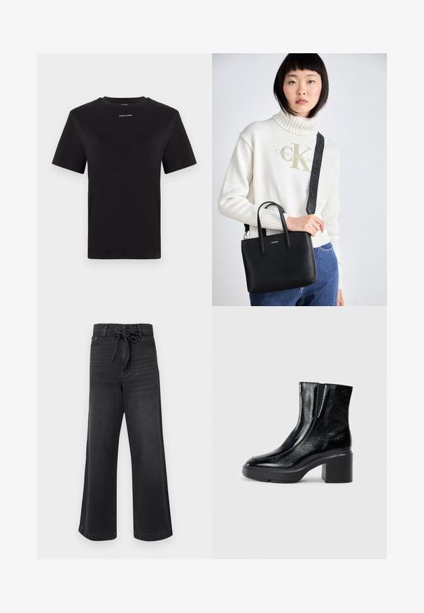 Czarny t-shirt bawełniany z krótkimi rękawami, okrągłym dekoltem i małym białym logo "Calvin Klein" na piersi. Gładka struktura, klasyczny krój.; DAY Birger et Mikkelsen ELIJAH czarny; Czarne lakierowane botki za kostkę z zaokrąglonym noskiem, elastycznymi panelami bocznymi i masywnym obcasem blokowym. Posiadają wytłoczone logo z tyłu.; Czarna skórzana torebka z podwójnymi uchwytami u góry oraz odpinanym paskiem na ramię. Posiada srebrne logo z przodu oraz gładką fakturę.