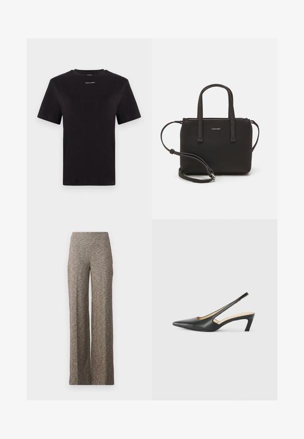 Black cotton t-shirt with short sleeves, crew neck, and small white "Calvin Klein" logo at the chest. Smooth texture, classic fit.; Wide-leg trousers in a textured brown fabric featuring a subtle herringbone pattern. Elastic waistband for comfort, straight-leg design.; Black pointy-toed slingback shoe with a low heel, featuring smooth leather material and cut-out design on the side for breathability.; Black handbag with dual short handles and a removable shoulder strap. Smooth leather-like material with a zip closure and logo detail.