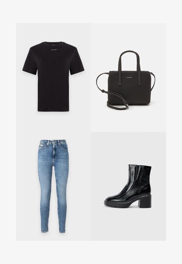 Melna kokvilnas T-kreklu ar īsām piedurknēm, apaļu kakla izgriezumu un nelielu baltu "Calvin Klein" logotipu krūtīs. Gluda tekstūra, klasiskā piegriezuma.; Gaiši zili šaurie džinsi, izgatavoti no denima. Ievērojama augsta jostasvieta, piecu kabatu dizains un viegla nodiluma efekts ar šuvju akcentiem.; Melnas lakotas ādas potītes zābaki ar izliekto purngalu, elastīgām sānu paneļiem un masīvu blokveida papēdi. Aizmugurē ir izsistā logo.; Melns roku soma ar divām īsām rokturiem un noņemamu plecu siksnu. Gluda ādas līdzīga materiāla ar rāvējslēdzēja aizdari un logos detaļu.