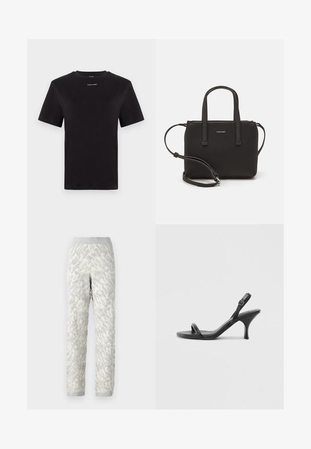Must musta t-särk lühikeste käistega, ümberringi kaelusega ja väikese valge "Calvin Klein" logo'ga rinnal. Sile tekstuur, klassikaline lõige.; Tekstuuriga lounge-püksid elevandiluust hallide mustritega, pehme kanga, elastse vöökoha ja soonikutega mansettidega.; Mustad nahast kõrgete kontsadega sandaalid, millel on saledad, kõverad kontsad ja ristatud rihma disain. Reguleeritav pahkluu rihm. Sile tekstuur.; Musthave mustrans vöö ja eemaldatav õlarihm. Gludike nahk siledaga, millel on tõmblukk ja logo detail.