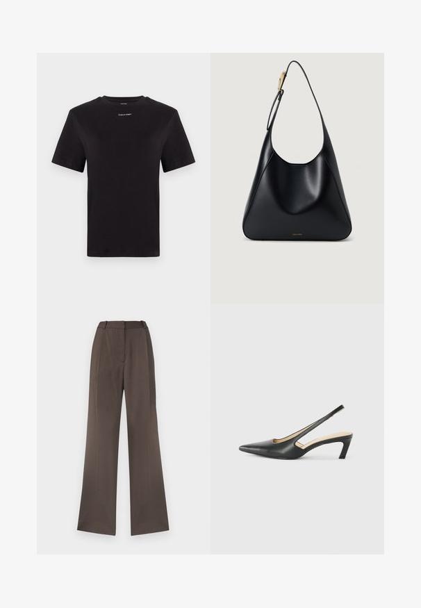 Černé bavlněné tričko s krátkými rukávy, kulatým výstřihem a malým bílým logem "Calvin Klein" na hrudi. Hladká textura, klasický střih.; Kalhoty s širokými nohavicemi v jednobarevném hnědém materiálu, s hladkou texturou, poutky na opasek, předním záhybem a bez viditelných kapes.; Černý špičatý slingback s nízkým podpatkem, vyrobený z hladké kůže, s výřezem na boku pro lepší prodyšnost.; Černá kožená kabelka přes rameno se hladkým povrchem, zakřiveným siluetou a zlatým kováním. Na spodní straně je vyražené logo značky.