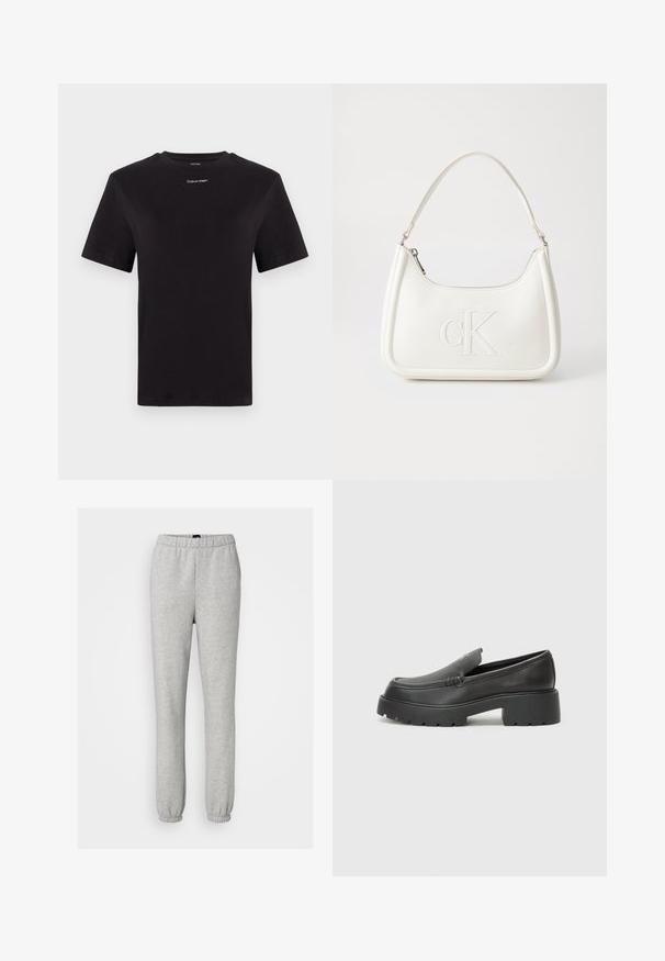 Juodas medvilninis marškinėliai trumpomis rankovėmis, apykaklė, su mažu baltu "Calvin Klein" logotipu krūtinėje. Lygus paviršius, klasikinis siluetas.; Gap Tall NEW - Treningo apatinė dalis - heather grey; Juodi odiniai loaferiai su apvaliu pirštu, storu tekstūruotu padu ir minimaliu siūlių dekoru. Išskirtinis dizainas be matomų raištelių ar furnitūros.; Balta odinė rankinė su išlenkta forma, su reljefiniu "CK" logotipu priekyje ir viena petneša. Užtrauktuko uždarymas viršuje.