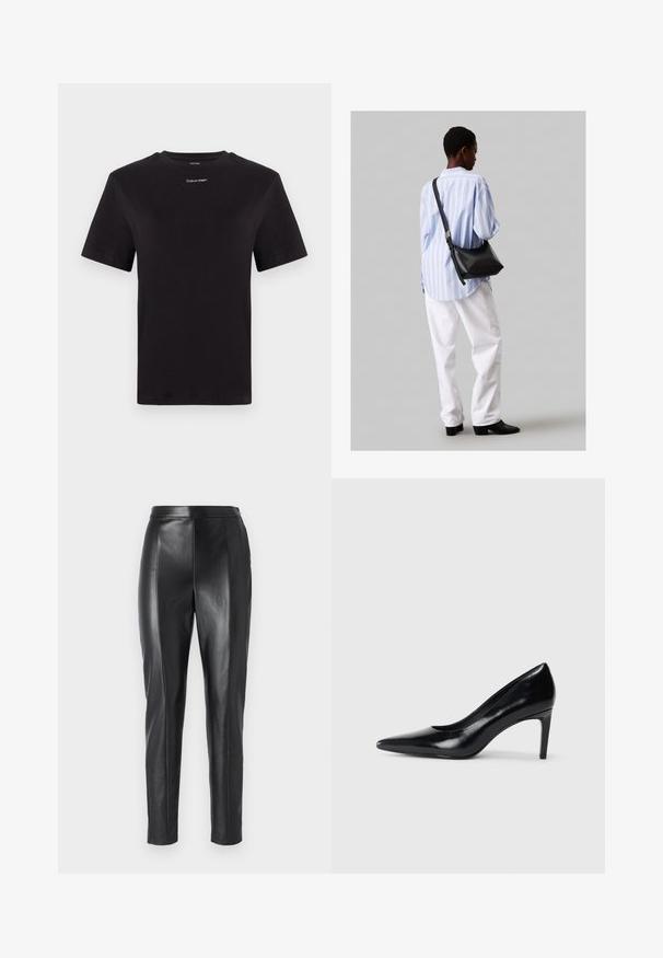 Melna kokvilnas T-kreklu ar īsām piedurknēm, apaļu kakla izgriezumu un nelielu baltu "Calvin Klein" logotipu krūtīs. Gluda tekstūra, klasiskā piegriezuma.; Melni ādas bikses ar pieguļošu dizainu un gludu tekstūru. Sastāv no strukturētām šuvēm pa malām un jostas, kas nodrošina pielāgotu piegriezumu.; Melnas ādas augstpapēžu kurpes ar norādītu purngali, gludu tekstūru un šauru papēdi. Minimālistisks dizains, bez papildu rotājumiem.; Melna ādas plecu soma ar mīkstu tekstūru, trīsstūra formu un regulējamu siksnu, apvienota ar gaiši zilu svītrotu krekli un baltām biksēm.