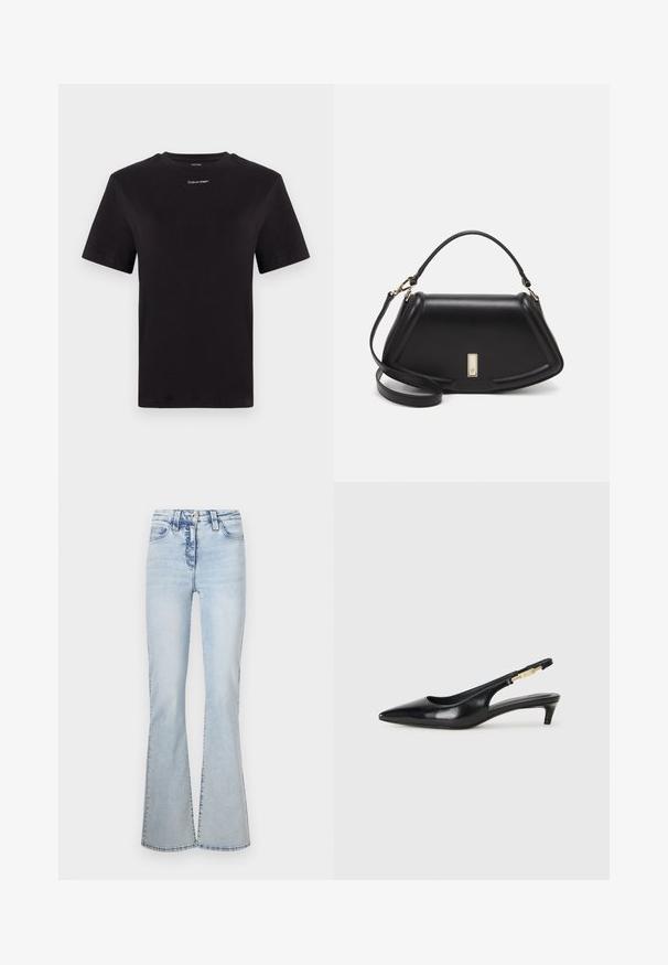 Schwarzes Baumwoll-T-Shirt mit kurzen Ärmeln, Rundhalsausschnitt und kleinem weißen "Calvin Klein"-Logo auf der Brust. Glatte Textur, klassischer Schnitt.; Helle blaue Schlagjeans aus Denim mit hoher Taille, fünf Taschen Design und subtilen Ausbleichungen entlang der Vorder- und Rücknähte.; Schwarze Leder-Slingback-Pumps mit spitzem Schuhblatt, ausgestattet mit einem schlanken Absatz und einem goldfarbigen Akzent am verstellbaren Riemen. Glatte Textur.; Schwarze Lederhandtasche mit einem strukturierten Design, das eine verkürzte Form, einen oberen Griff und goldfarbene Hardware-Details aufweist. Verstellbarer Schulterriemen ist enthalten.