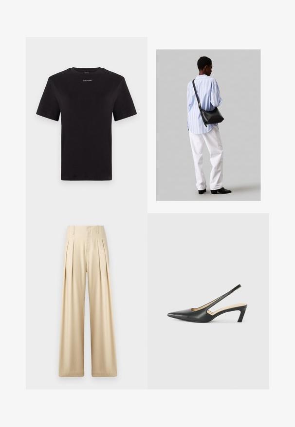 Fekete pamut póló rövid ujjakkal, kerek nyakkivágással és kis fehér "Calvin Klein" logóval a mellkasnál. Simás textúra, klasszikus fazon.; Sima anyagból készült bézs, széles lábú nadrág. Éles pliszék, magas derék és diszkrét varrási részletek jellemzik, amelyeket a szabott megjelenés érdekében terveztek.; Fekete, hegyes orrú, slingback cipő alacsony sarkával, sima bőrből készült, oldalt kivágott deisgnal a légáteresztőképesség érdekében.; Fekete bőr válltáska puha tapintással, háromszög alakú, állítható pánttal, világoskék csíkos inggel és fehér nadrággal párosítva.