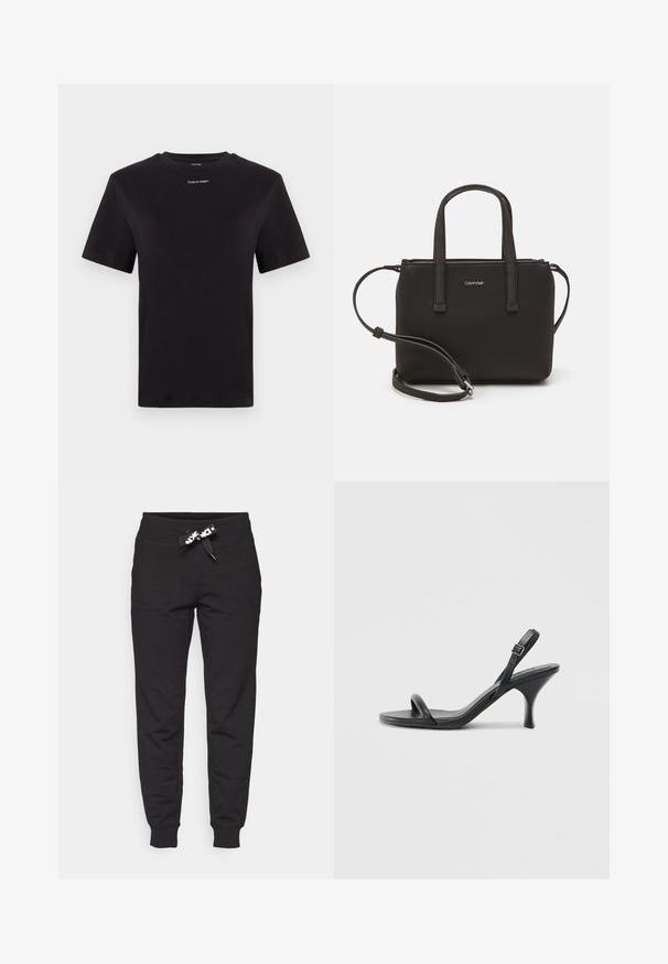 Camiseta de algodón negra con mangas cortas, cuello redondo y pequeño logo blanco de "Calvin Klein" en el pecho. Textura suave, corte clásico.; Pantalones jogger negros hechos de tejido suave, con una cinturilla elástica y cordón ajustable, y dos bolsillos laterales. Diseño de piernas ajustadas.; Sandalias de tacón alto de cuero negro con un tacón delgado y curvado y un diseño de tiras cruzadas. Correa para el tobillo ajustable. Textura suave.; Bolso de mano negro con dos asas cortas y una correa de hombro removible. Material suave tipo cuero con cierre de cremallera y detalle del logo.