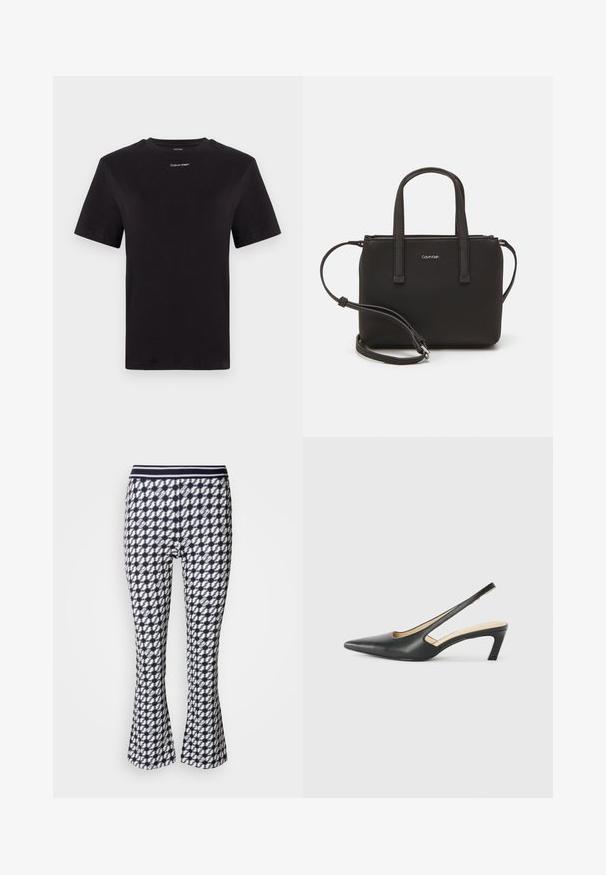 Schwarzes Baumwoll-T-Shirt mit kurzen Ärmeln, Rundhalsausschnitt und kleinem weißen "Calvin Klein"-Logo auf der Brust. Glatte Textur, klassischer Schnitt.; Schwarz-weiße, geometrische Leggings mit Schlag. Sie haben eine enganliegende Silhouette und einen elastischen Bund.; Schwarzer spitz zulaufender Slingback-Schuh mit niedrigem Absatz, der aus glattem Leder gefertigt ist und seitliche Ausschnitte für Atmungsaktivität aufweist.; Schwarze Handtasche mit zwei kurzen, doppelt geflochtenen Griffen und einem abnehmbaren Schulterriemen. Glattes, lederähnliches Material mit einem Reißverschluss und Logodetail.